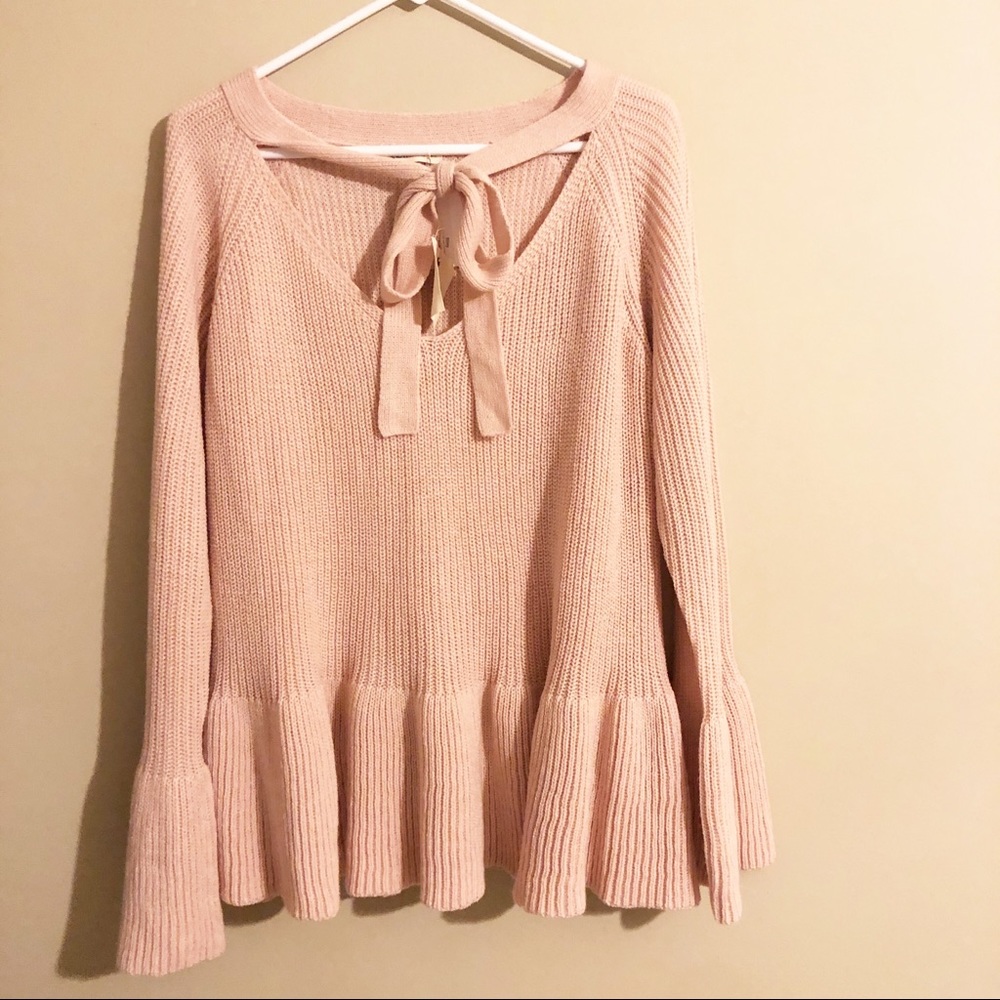 ANDTHEWHY Pink Poplin Cutout Neck Sweater